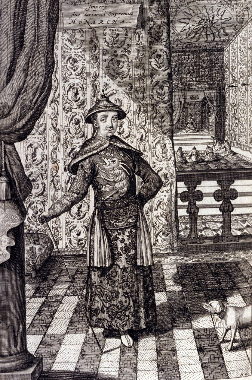 El emperador chino y gobernante supremo de los tártaros - Emperador chino Kangxi (1652-1722) dinastía Qing, grabado por Athanasius Kircher (1601-1680) de “China Monumentis, qua sacris qua profanis” 1667 - Emperador chino Kangxi (1652-1722) dinastía Qing, de Unknown artist