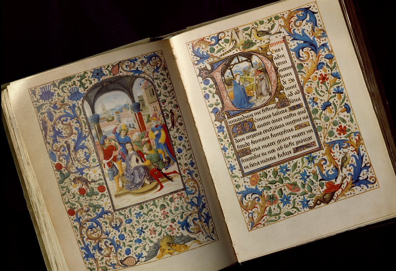 La coronación de espinas. Doble página de un manuscrito abierto del "Libro de Horas de María de Borgoña" (finales del siglo XV) de Unknown artist