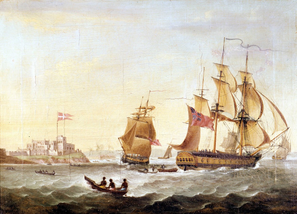 La base danesa de Cristianborg construida en 1659 a lo largo de la costa de Guinea, el centro del tráfico negrero. de Unknown artist