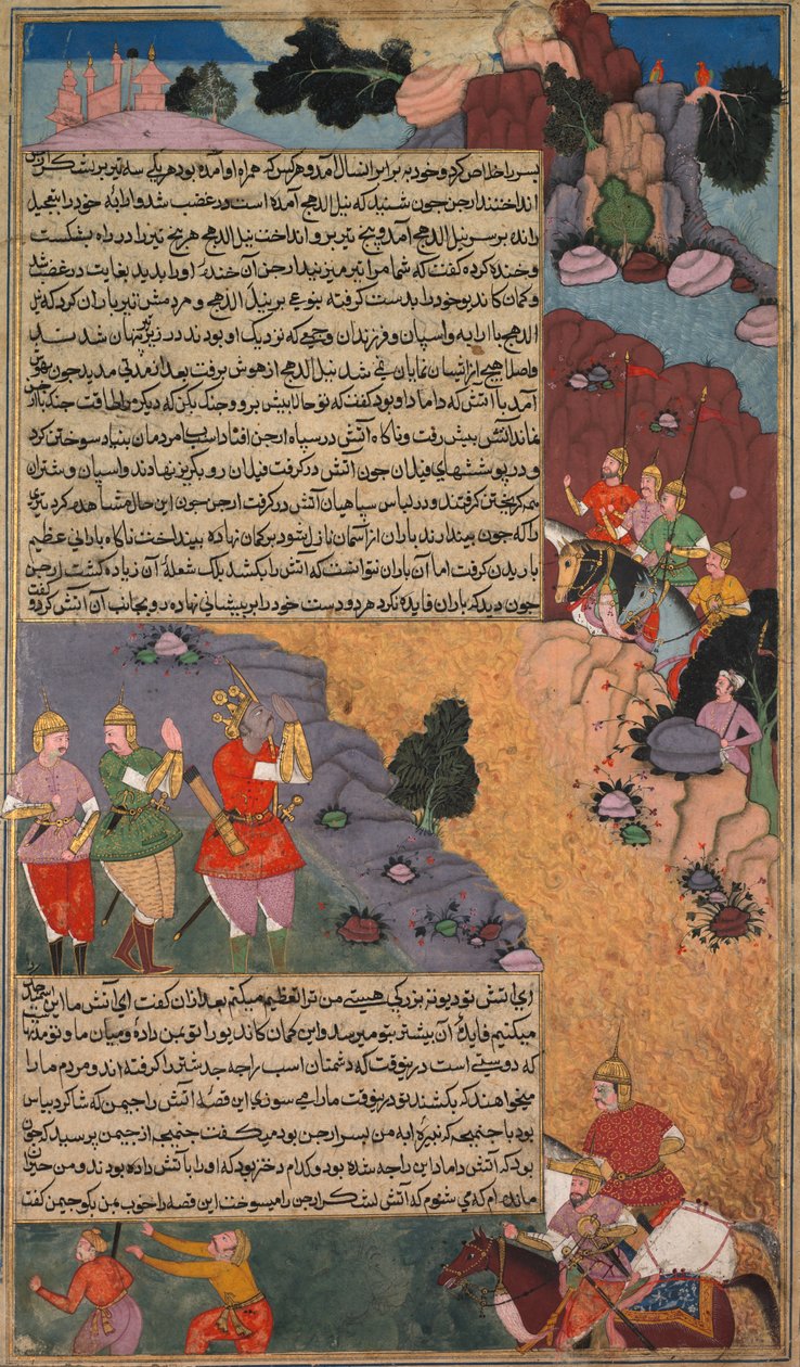 La primera aventura del caballo blanco, página del Razm Nama del Khan Khanan (Libro de Guerras) de Unknown artist