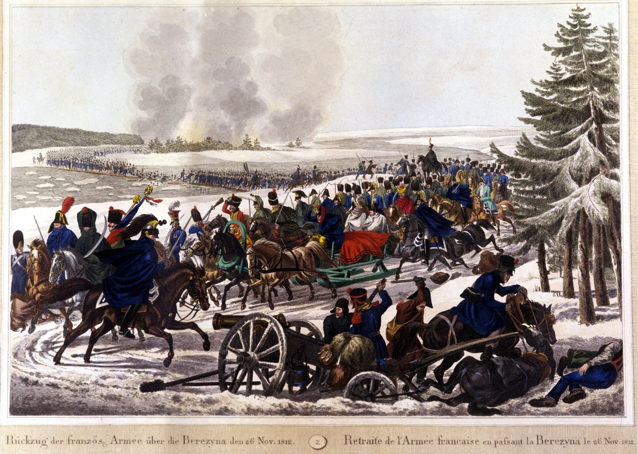 Las tropas francesas se retiraron pasando el Beresina (Berezina) el 26/11/1812. Grabado del siglo XIX de Unknown artist