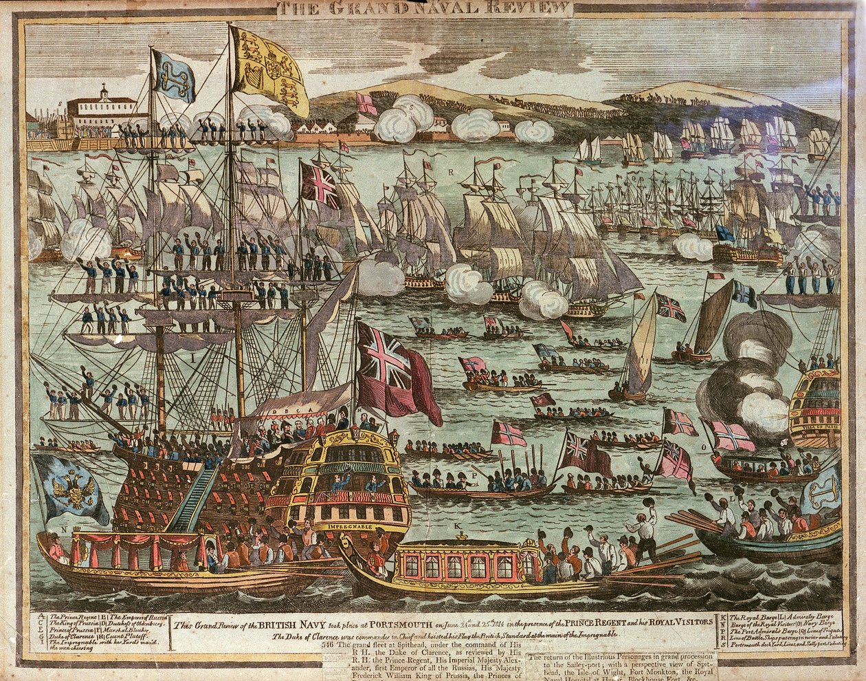 La Gran Revista Naval. Esta Gran Revista de la Armada Británica tuvo lugar en Portsmouth los días 24 y 25 de junio de 1814 en presencia del Príncipe Regente y sus Visitantes Reales, c. 1814 (grabado coloreado). de Unknown artist
