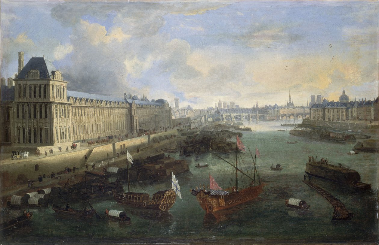 La Grande Galerie del Louvre, el Pont-Neuf, la Cité, el Collège des Quatres-Nations, hacia 1670 En el Sena, la galera real, entre 1670 y 1685 (óleo sobre lienzo) de Unknown artist