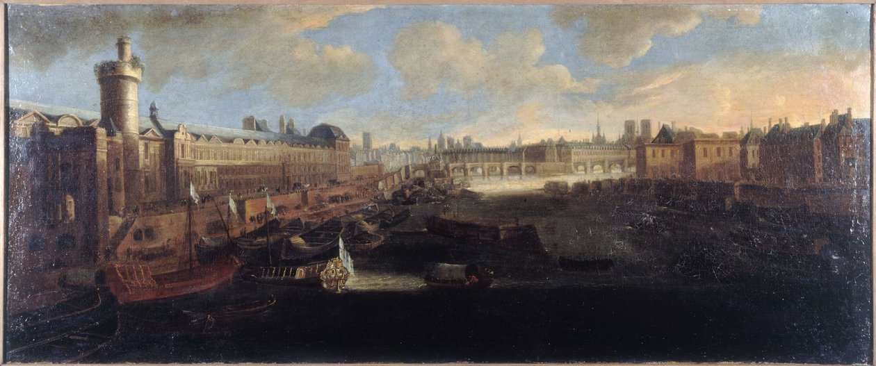 La Grande Galerie del Louvre, con la Porte Neuve, el Pont-Neuf, la Cité, el Collège des Quatres-Nations en construcción y el Quai Malaquais, hacia 1665, en el Sena la galera real, actuales distritos 1 y 6, entre 1660 y de Unknown artist