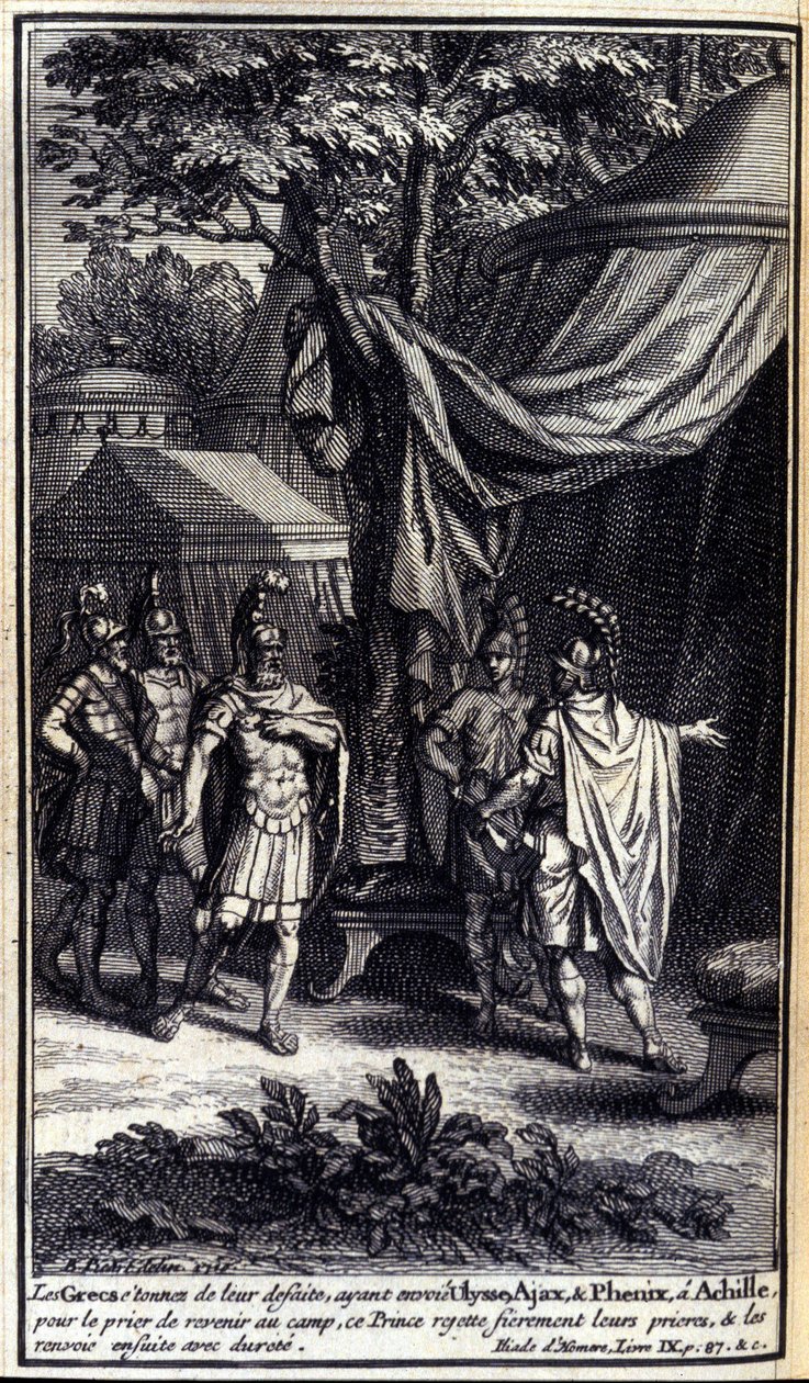 Los griegos, asombrados por su derrota, envían a Ulises, Áyax y Fénix a Aquiles para rogarle que regrese al campamento. Este príncipe rechaza orgullosamente sus súplicas y luego los envía de vuelta. Ilustración del libro IX de la Ilíada de Homero, edición  de Unknown artist