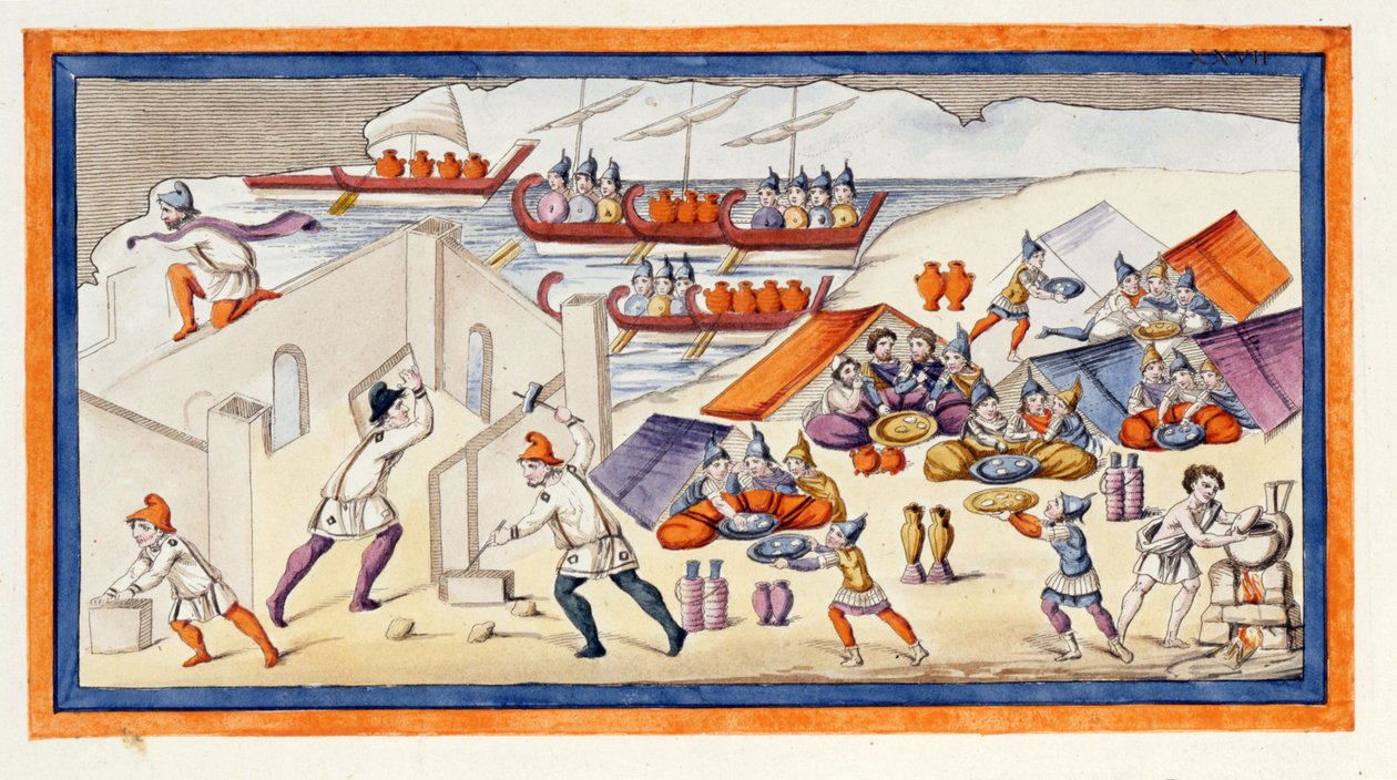 Los griegos comenzaron a cavar un baluarte para proteger sus barracas y barcos. La Ilíada. Canto VII. Grabado de finales del siglo XVIII. de Unknown artist