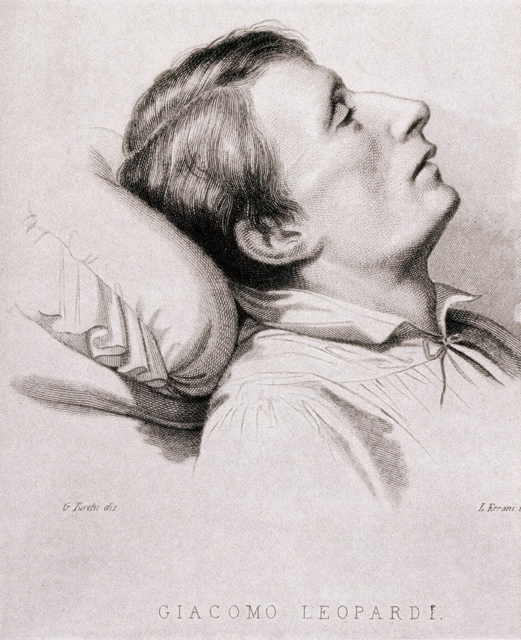 El poeta italiano Giacomo Leopardi (1798-1837) en su lecho de muerte. Grabado del siglo XIX de Unknown artist
