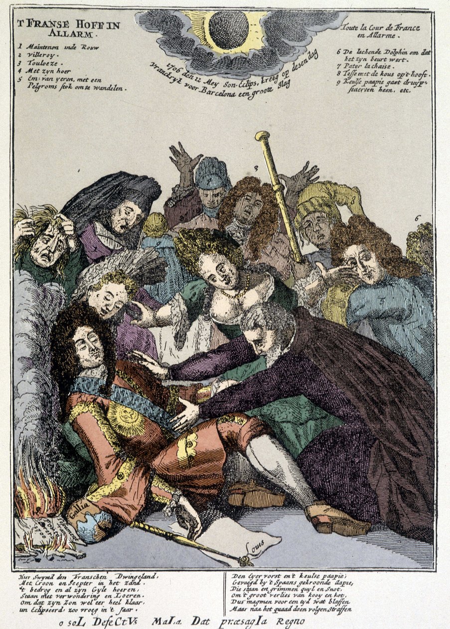 El rey desmayado y los cortesanos lo rodean, llorando: burla sobre las solapas de Luis XIV en los Países Bajos e Italia en 1706 de Unknown artist