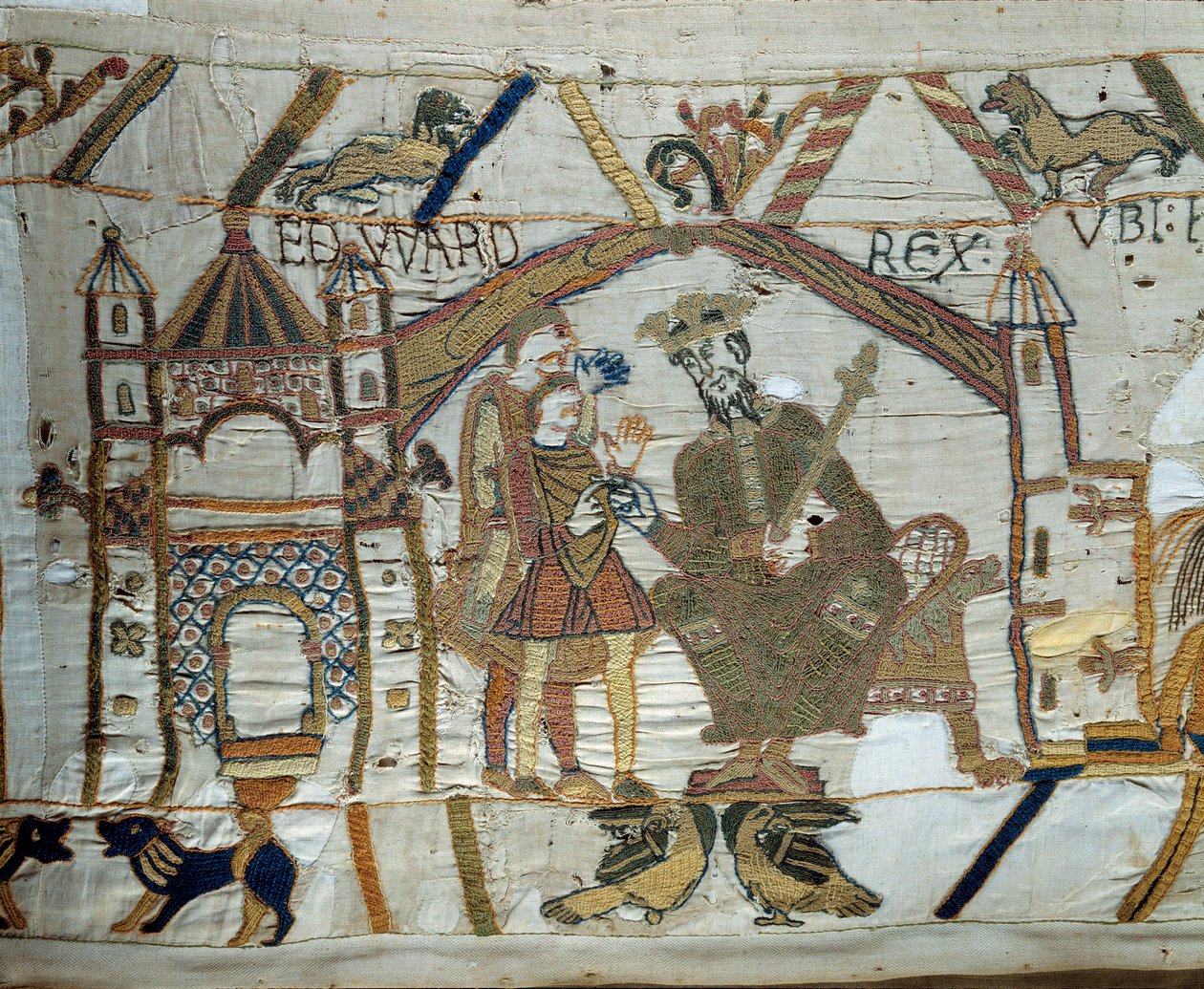 El rey de Inglaterra Eduardo el Confesor instruye a Harold para confirmar al duque de Normandía Guillermo el Conquistador (1027-1087) que será su sucesor al trono de Inglaterra (detalle) de Unknown artist