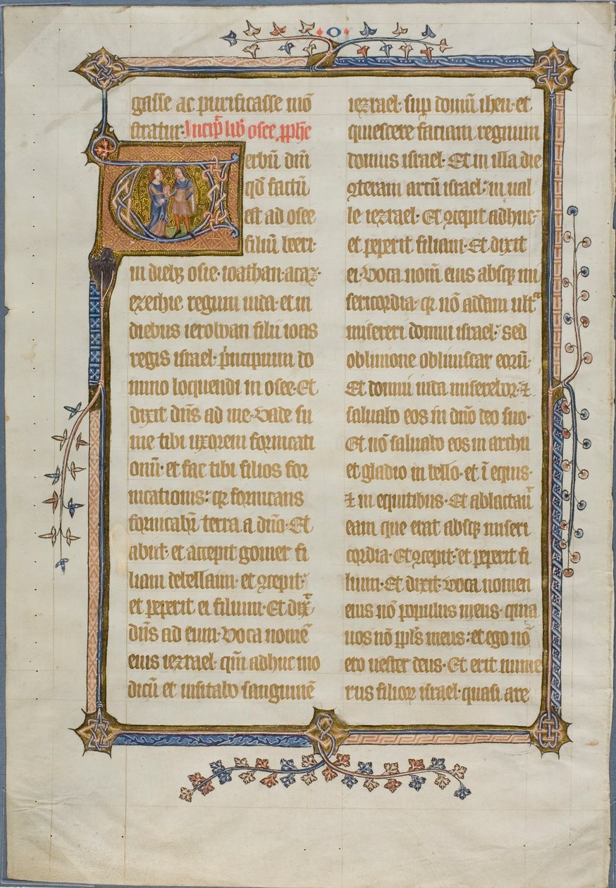 El matrimonio de Oseas y Gomer en una "V" inicial historiada de una Biblia de Unknown artist