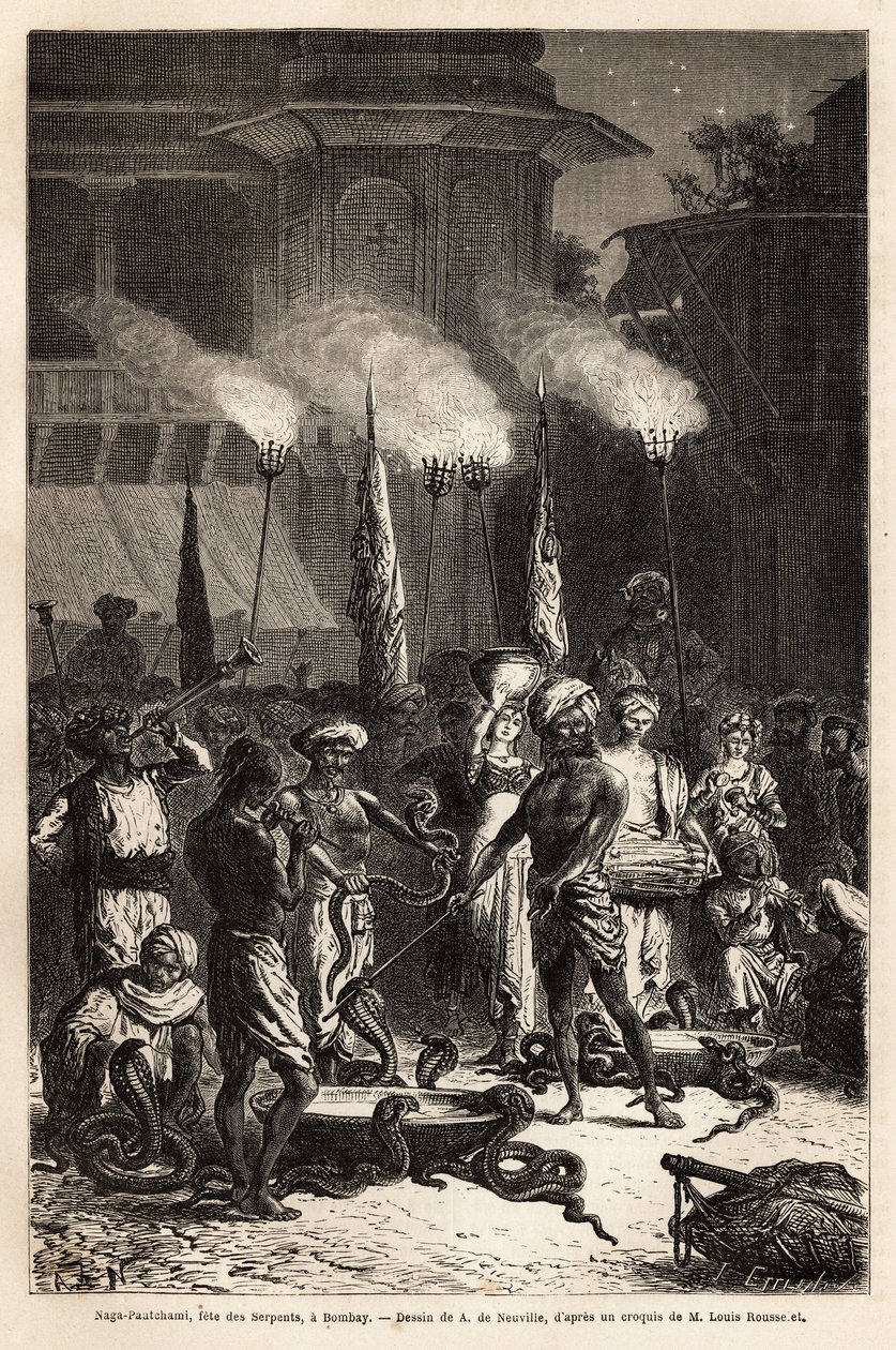 El Pantchami naga, o fiesta de la serpiente, en Bombay, para asegurar la protección contra sus mordeduras mortales, largas procesiones de mujeres cruzan las calles hacia las afueras de los templos, donde encontrarán ofrendas de arroz y azúcar al dios Krish de Unknown artist