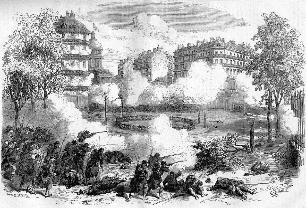 La Comuna de París en 1871. Ataque a las barricadas de los federados (comuneros) frente al Panteón por el cuerpo del ejército del General de Cissey el 24 de mayo de 1871, al comienzo de la semana sangrienta (22 - 28 de mayo de 1871). de Unknown artist