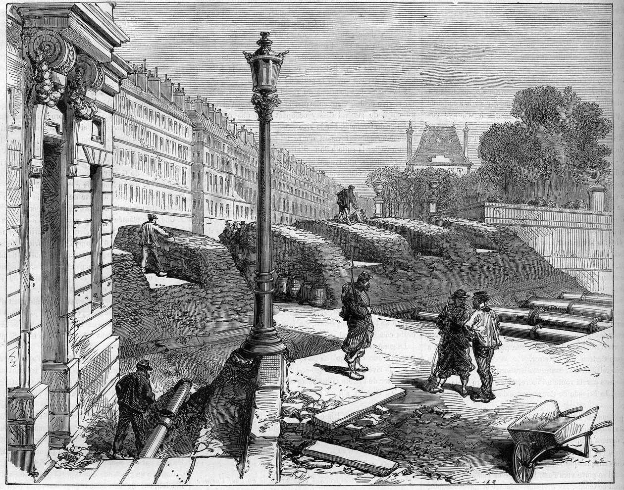 La Comuna de París en 1871. Barricada de los federados (comuneros) en la esquina de Rue de Rivoli y Place de la Concorde. de Unknown artist
