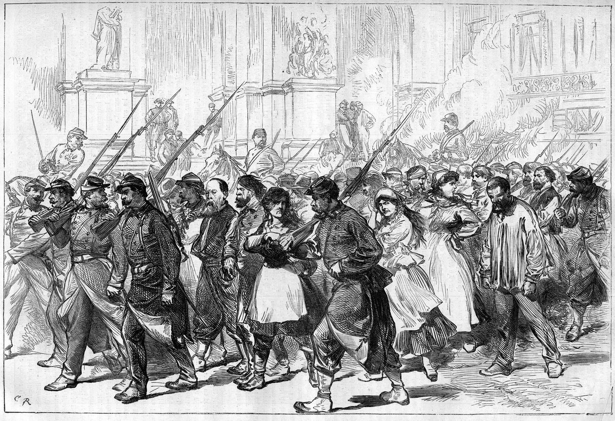 La Comuna de París en 1871. Convoy de Federados (comuneros) hechos prisioneros, pasando por la Plaza de la Ópera. de Unknown artist