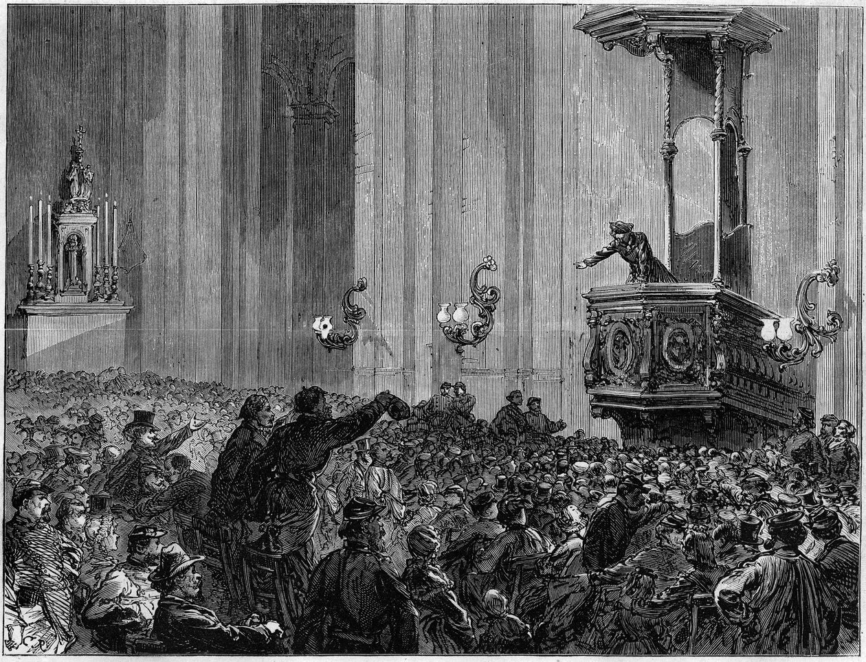 La Comuna de París en 1871. Club de la Iglesia de San Eustaquio. Las iglesias fueron solicitadas por los federados por la noche para realizar reuniones y debates. Estos clubes tenían un triple propósito de educación, información y expresión. de Unknown artist
