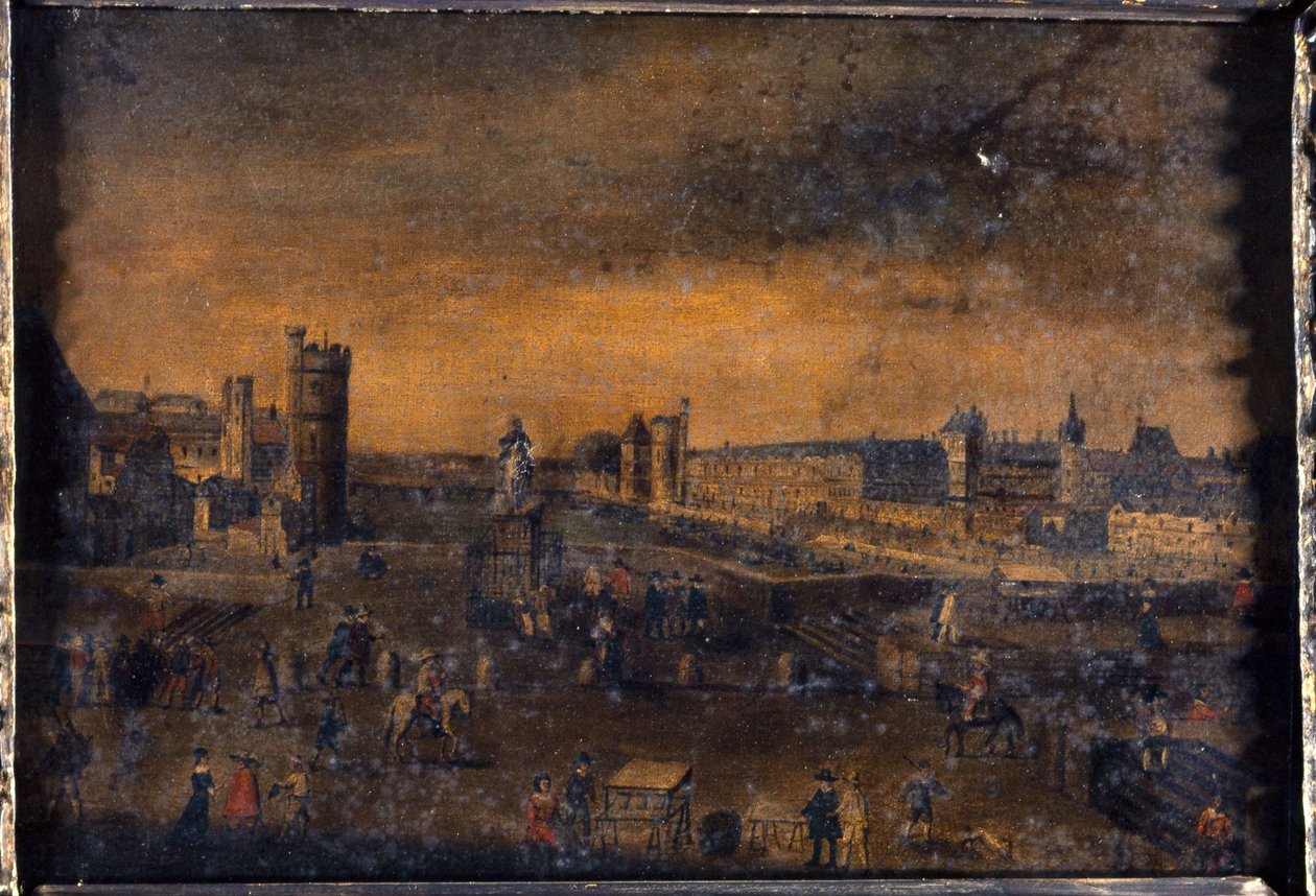 El Pont-Neuf, visto desde la entrada de la Place Dauphine, el Hôtel de Nevers, la Tour de Nesle, la Grande Galerie, con la Porte Neuve, y el Louvre, hacia 1640, actuales distritos 1º y 6º, entre 1635 y 1645 (óleo sobre lienzo). de Unknown artist