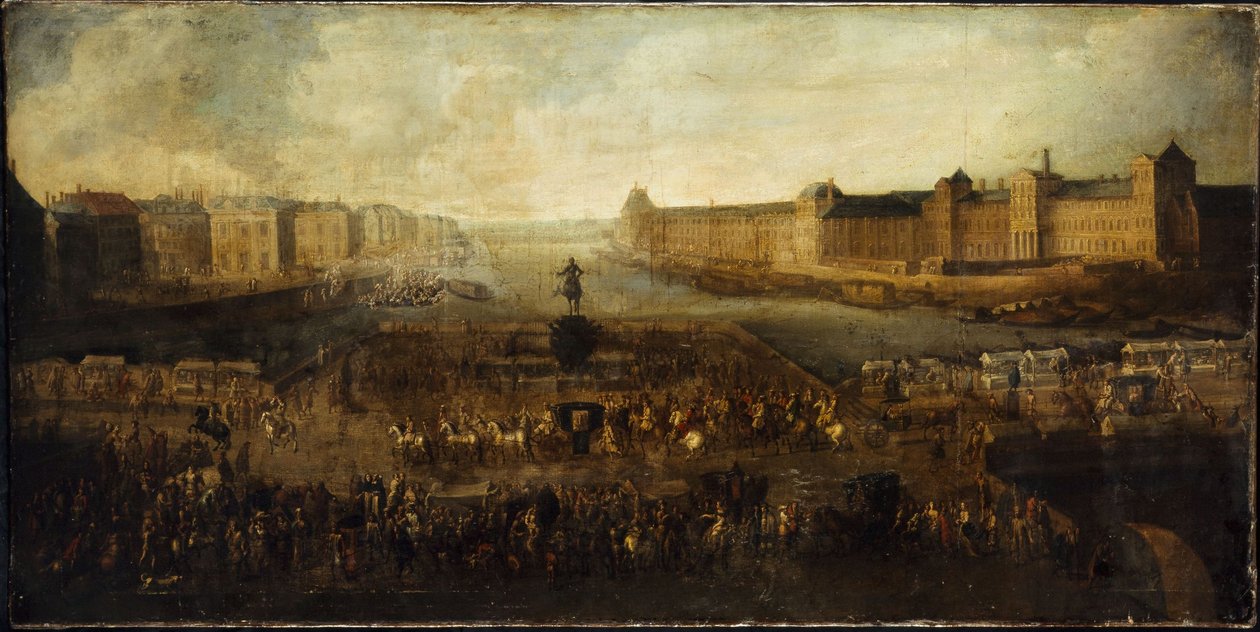 El Pont-Neuf, visto desde la entrada de la plaza Dauphine, el Quai Malaquais con el Collège des Quatres-Nations, la Grande Galerie y el Louvre, hacia 1665. de Unknown artist