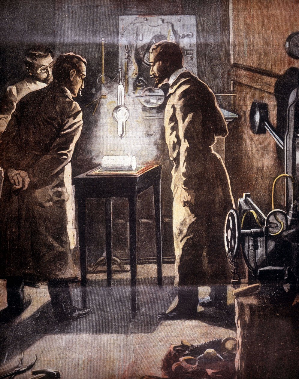 El Roentgen (Röntgen) o rayos X. Descubierto en 1895. Ilustración que representa el experimento. de Unknown artist