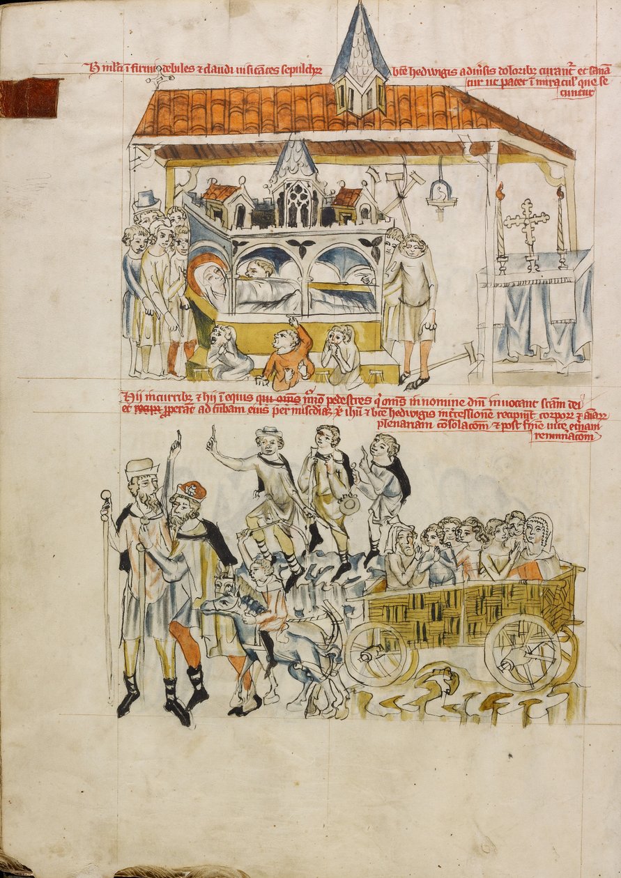 Enfermos, leprosos y cojos rezando en la tumba de Santa Eduvigis; Gente acudiendo a visitar la tumba de Santa Eduvigis. de Unknown artist