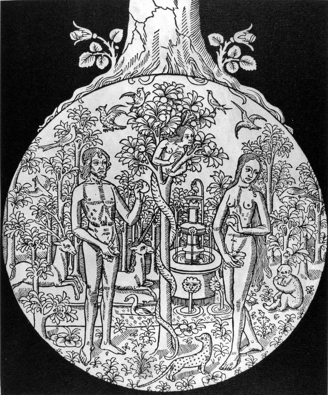 El Árbol de la Ciencia (Adán y Eva en el Paraíso) - grabado, deb. siglo XVI, en “La imaginería popular francesa” de Jean Adhemar de Unknown artist