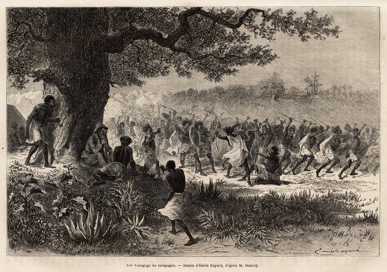 Los Vouagogo (tribu de Tanzania) en preparación para la guerra, bajo el árbol, el autor de la historia Henry Morton Stanley (1841-1904). Grabado para ilustrar el viaje en busca de Livingstone, en África central, por Henry Stanley, corresponsal del 