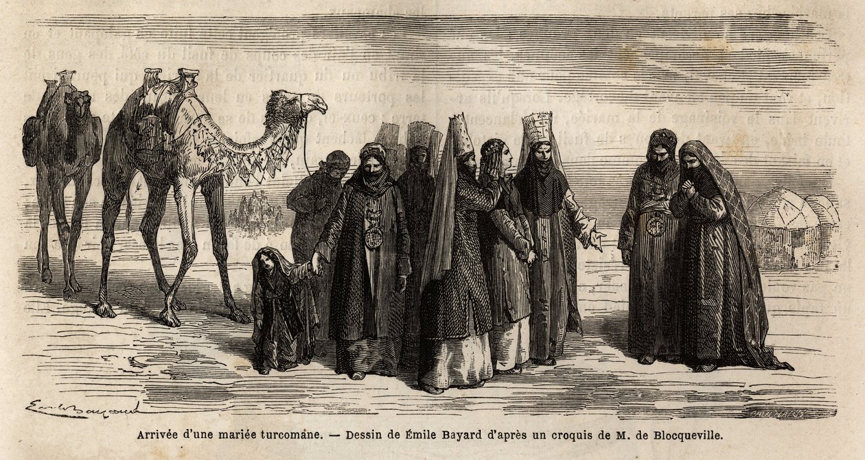 La llegada de una esposa turca (Turkmenistán) a la familia de su esposo; las hijas no se casan antes de los 17 años, son elegidas por el esposo que negocia la dote (que proporciona a la familia de su futura esposa) y las condiciones del matrimonio. Grabado de Unknown artist