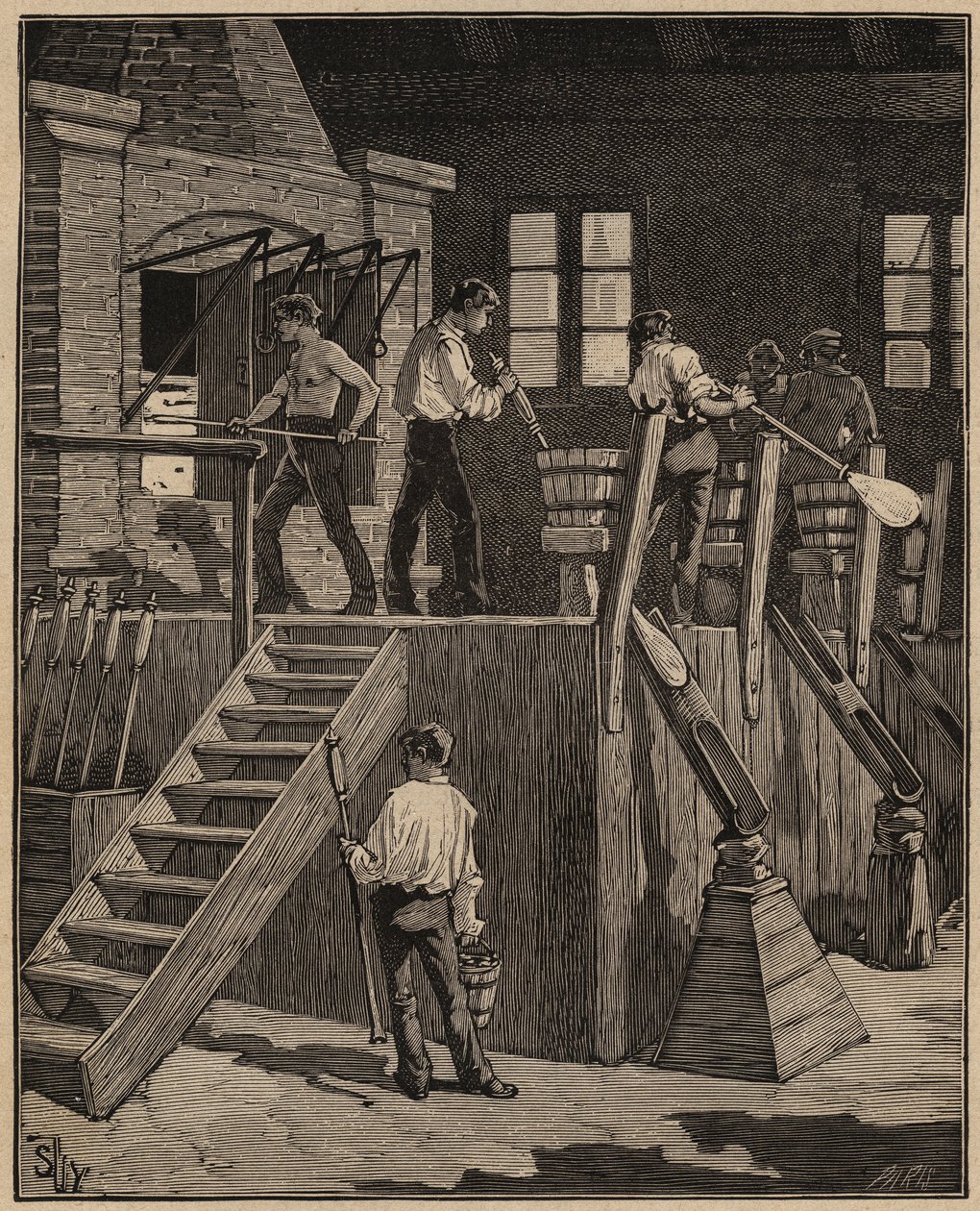 El arte del vidrio: trabajadores del vidrio fabricando vidrio según el método francés. Grabado de 1885 en "Les arts et metiers illustres" por Adolphe BITARD de Unknown artist