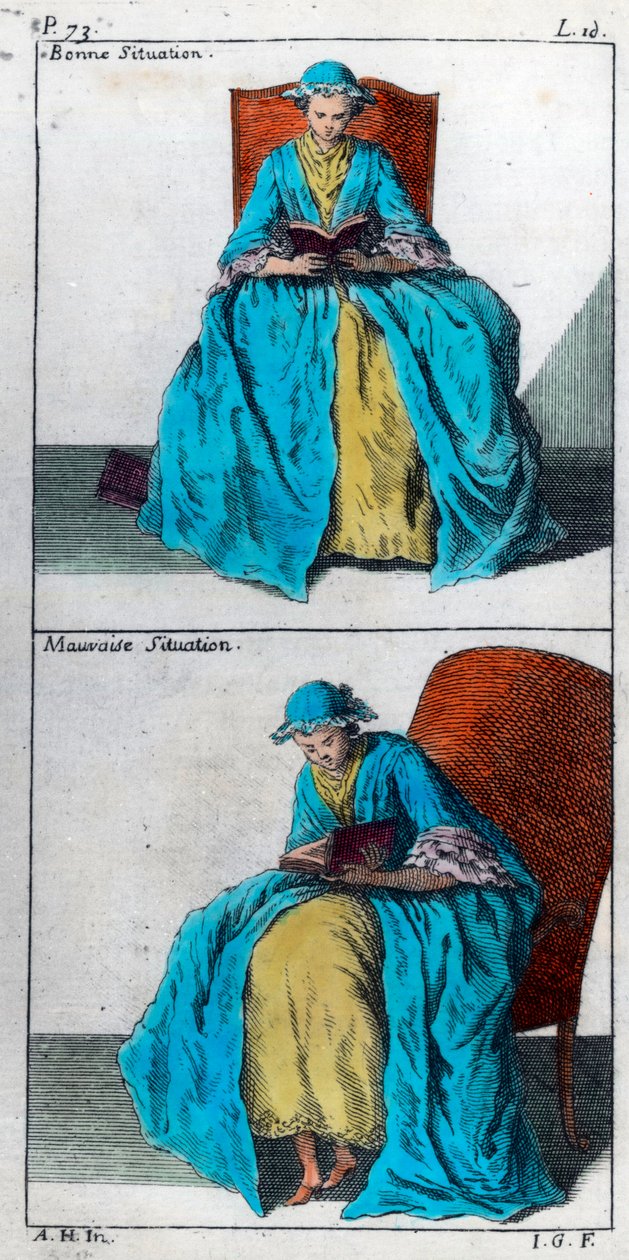 El arte de prevenir y corregir en los niños deformidades del cuerpo: buena y mala postura para leer. Grabado del siglo XVIII. Colección privada de Unknown artist