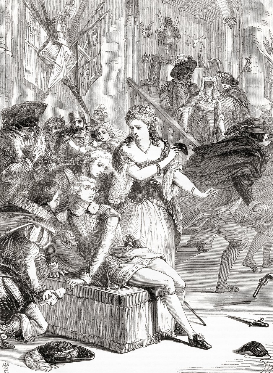 El asesinato de Gustavo III por Jackob Johan Anckarström en un baile de máscaras, Estocolmo, Suecia,1792 (grabado) de Unknown artist