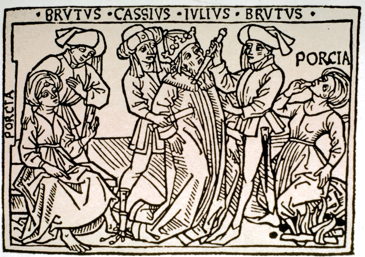 El asesinato de Julio César (100-44 a.C.): es apuñalado por Bruto y Casio mientras Porcia, esposa de Bruto, se desvanece. Xilografía del siglo XVI. Roma, Biblioteca Vallicelliana de Unknown artist