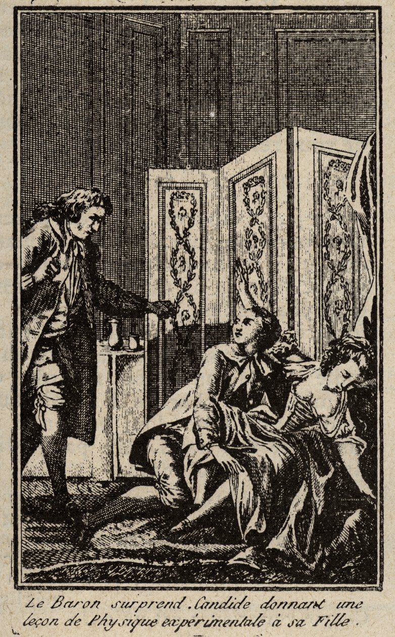 El barón sorprende a Cándido dando una lección de física experimental a su hija. Frontispicio para "Cándido" de François Marie Arouet, conocido como Voltaire. de Unknown artist