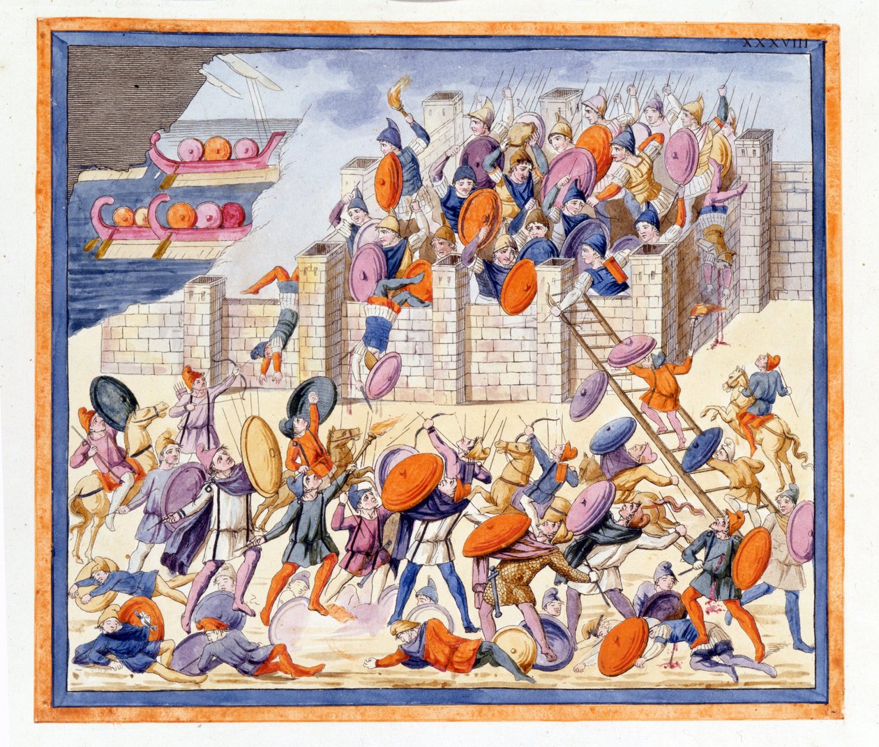 La batalla a ambos lados de los muros construidos por los griegos. La Ilíada, canto XII, grabado de finales del siglo XVIII de Unknown artist
