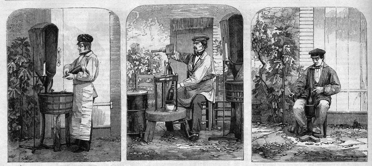El embotellado del vino de Champagne. Grabado de 1864. de Unknown artist