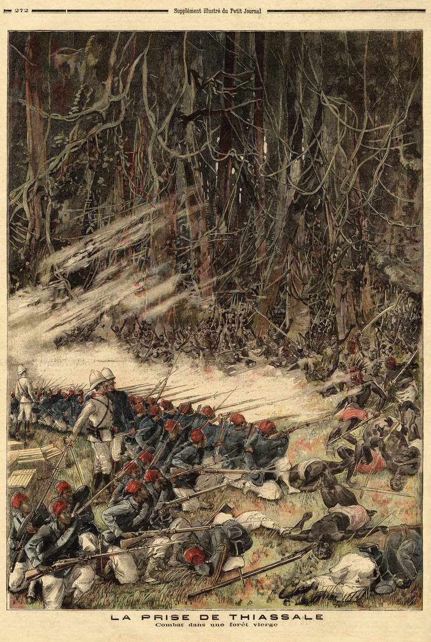 La captura de Thiassale (Costa de Marfil), por el Capitán Jean Baptiste Marchand (1863-1934), comandante de las fuerzas militares de la colonia, con una tropa de 115 hombres, lucharon contra los guerreros Baoule entre el río Bendama y la selva virgen. Grab de Unknown artist