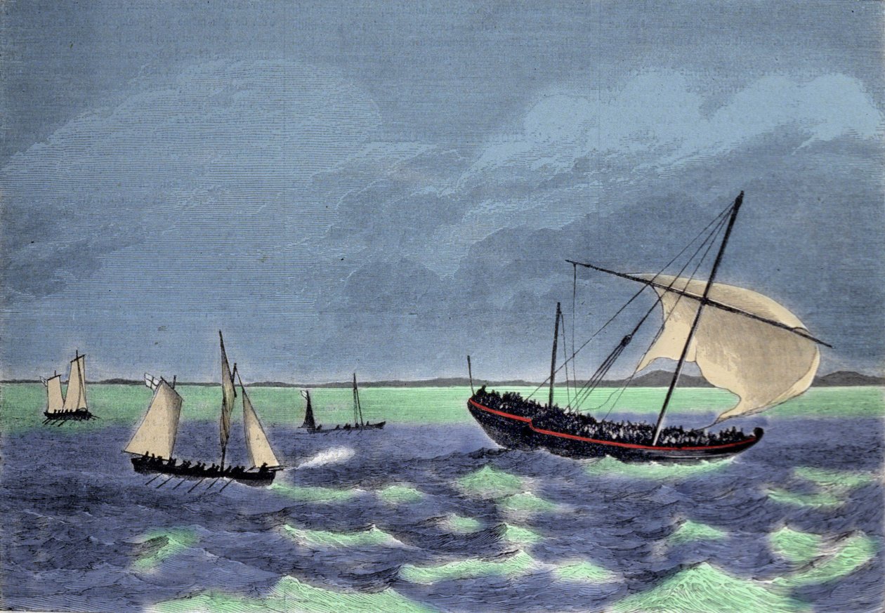 La captura de un dhow (barco árabe) negrero a lo largo de la costa malgache. de Unknown artist