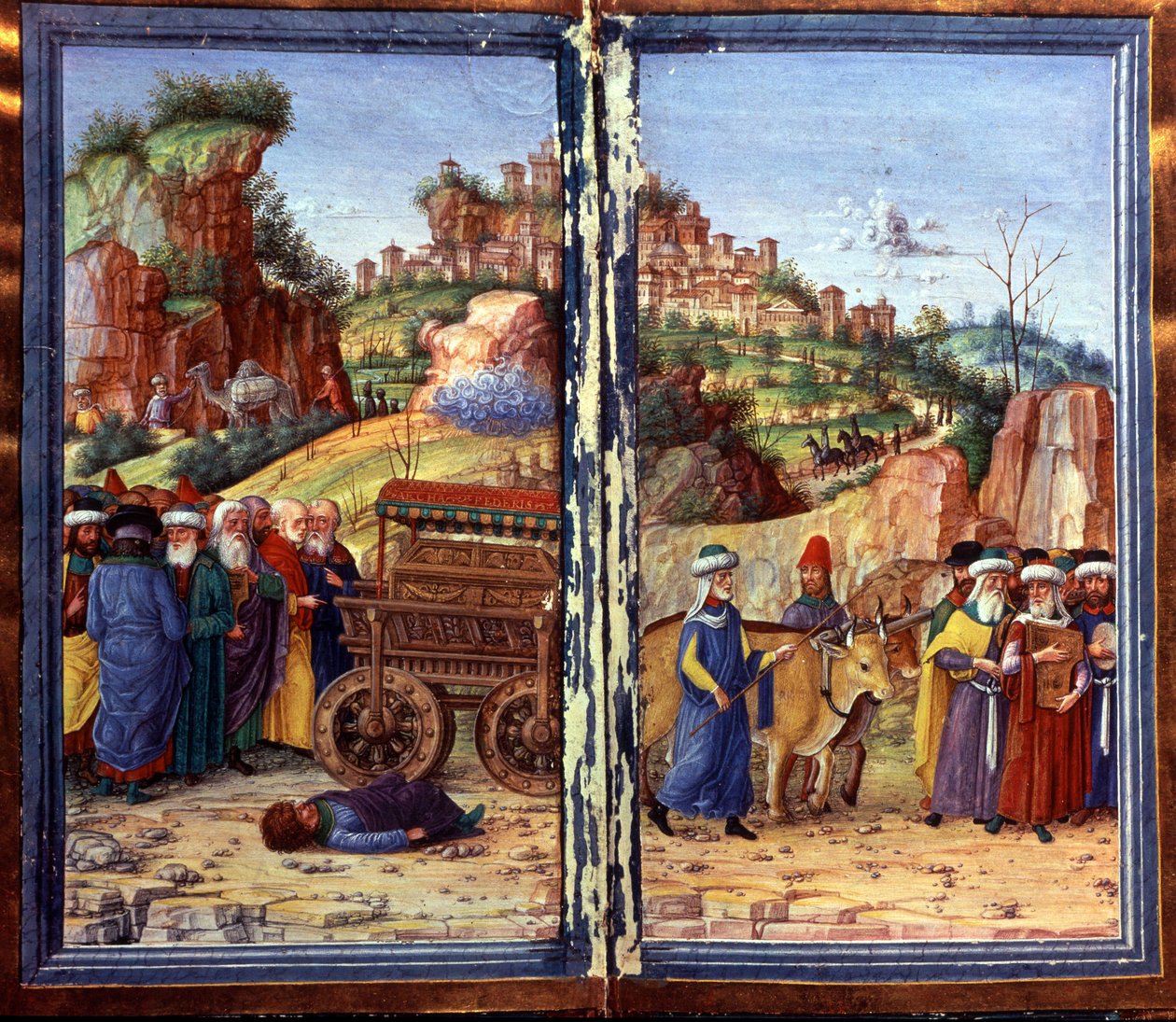 El carro del Arca Sagrada de la Alianza, seguido por David tocando el salterio; Ozam, que había intentado sostenerla, está en el suelo, muerto. Salterio de David de Unknown artist
