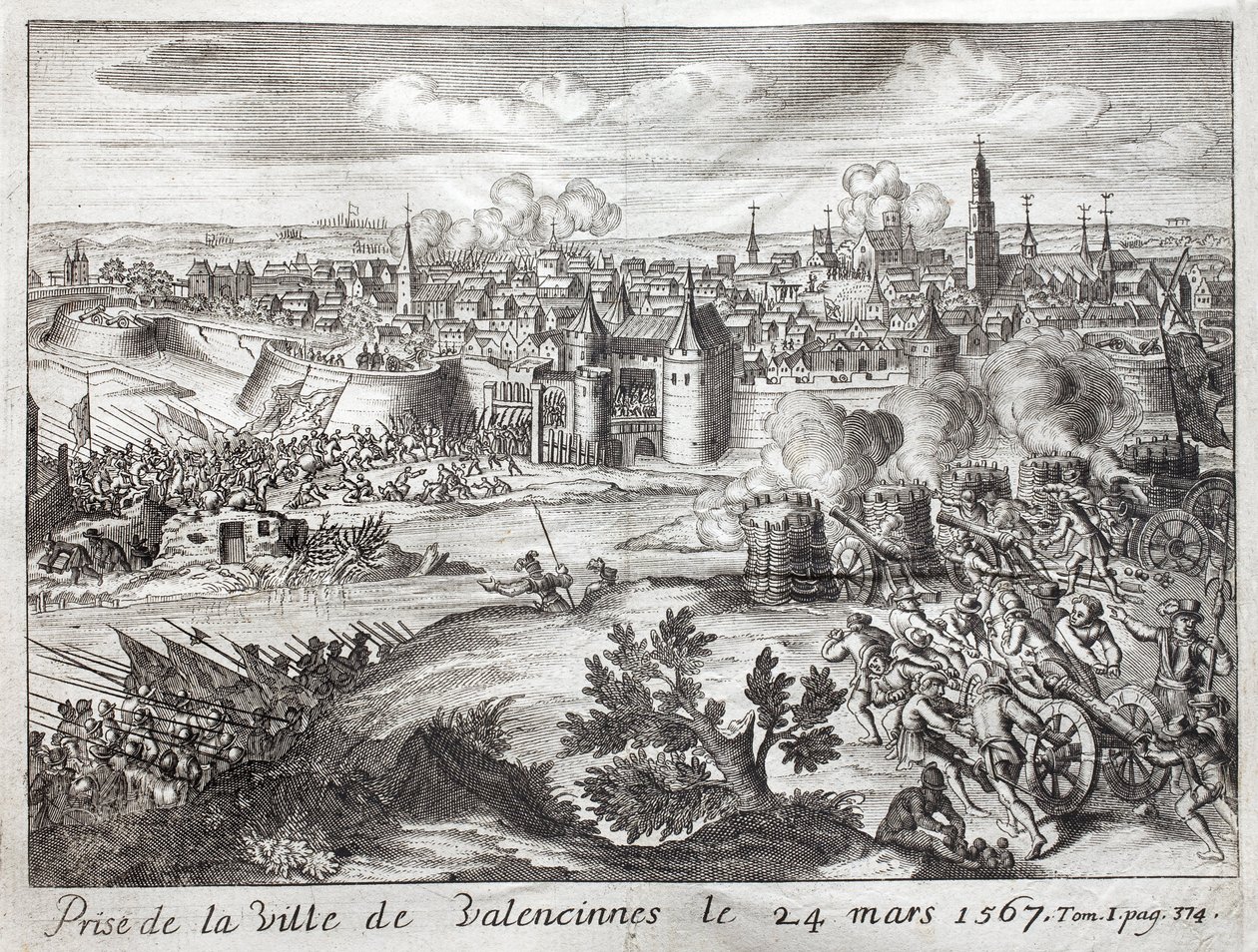 La ciudad de Valenciennes (Francia) fue tomada el 24 de marzo de 1567. Primera batalla de la revuelta de los Gueux (inicio de la Guerra de los Ochenta Años (1568-1648)). Grabado para ilustrar Historia de la Guerra de F de Unknown artist