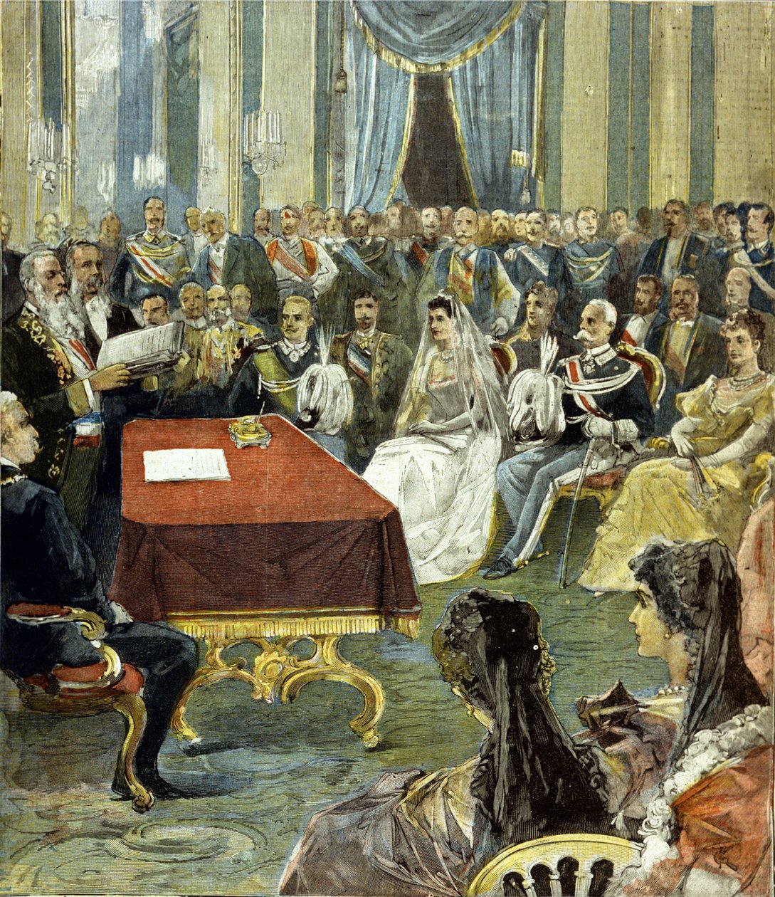 El matrimonio civil del Príncipe de Nápoles - que se convirtió en Víctor Manuel III (Vittorio Emanuele) - con la Princesa Helena de Montenegro en el Palacio del Quirinal en 1896. En el centro se puede ver a Humberto I (Umberto) a la izquierda de la novia de Unknown artist