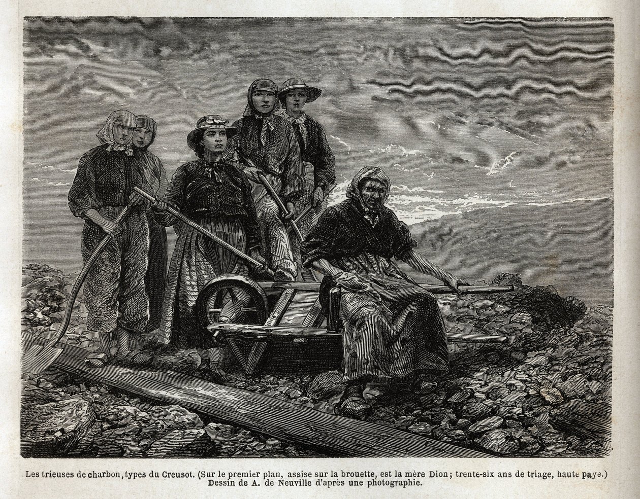 Los clasificadores de carbón, tipo de Creusot; en primer plano, sentada en la carretilla, la mayor de los clasificadores, la madre Dion, 36 años de clasificación. Grabado para ilustrar un viaje a Creusot y las minas de Saona y Loira, en 1865, por L. Simoni de Unknown artist