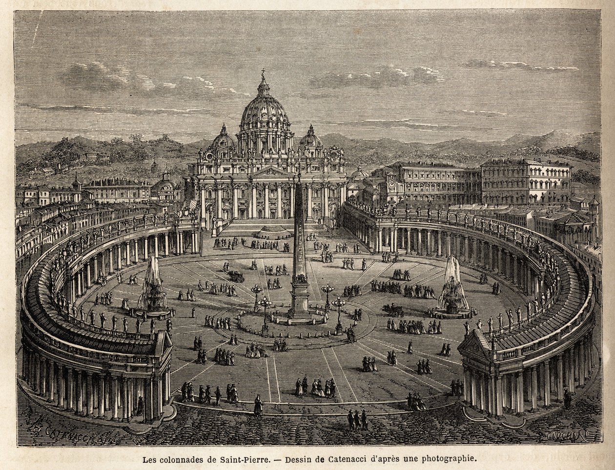 Las columnatas de San Pedro en el Vaticano, traídas por Bernini (1598-1680) en 1655, en un plano elíptico, que se convirtió en un lugar común de la arquitectura barroca y rococó. Grabado para ilustrar el viaje a Roma, por Francis Wey, en 1864-1868, publica de Unknown artist