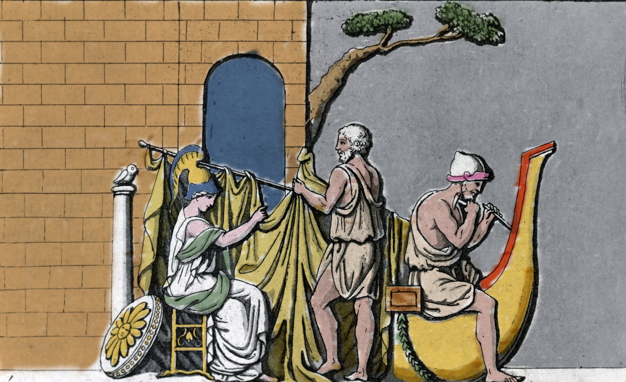 La construcción del barco Argo, asistida por Minerva, con la madera sagrada de los robles de Dodona. de Unknown artist