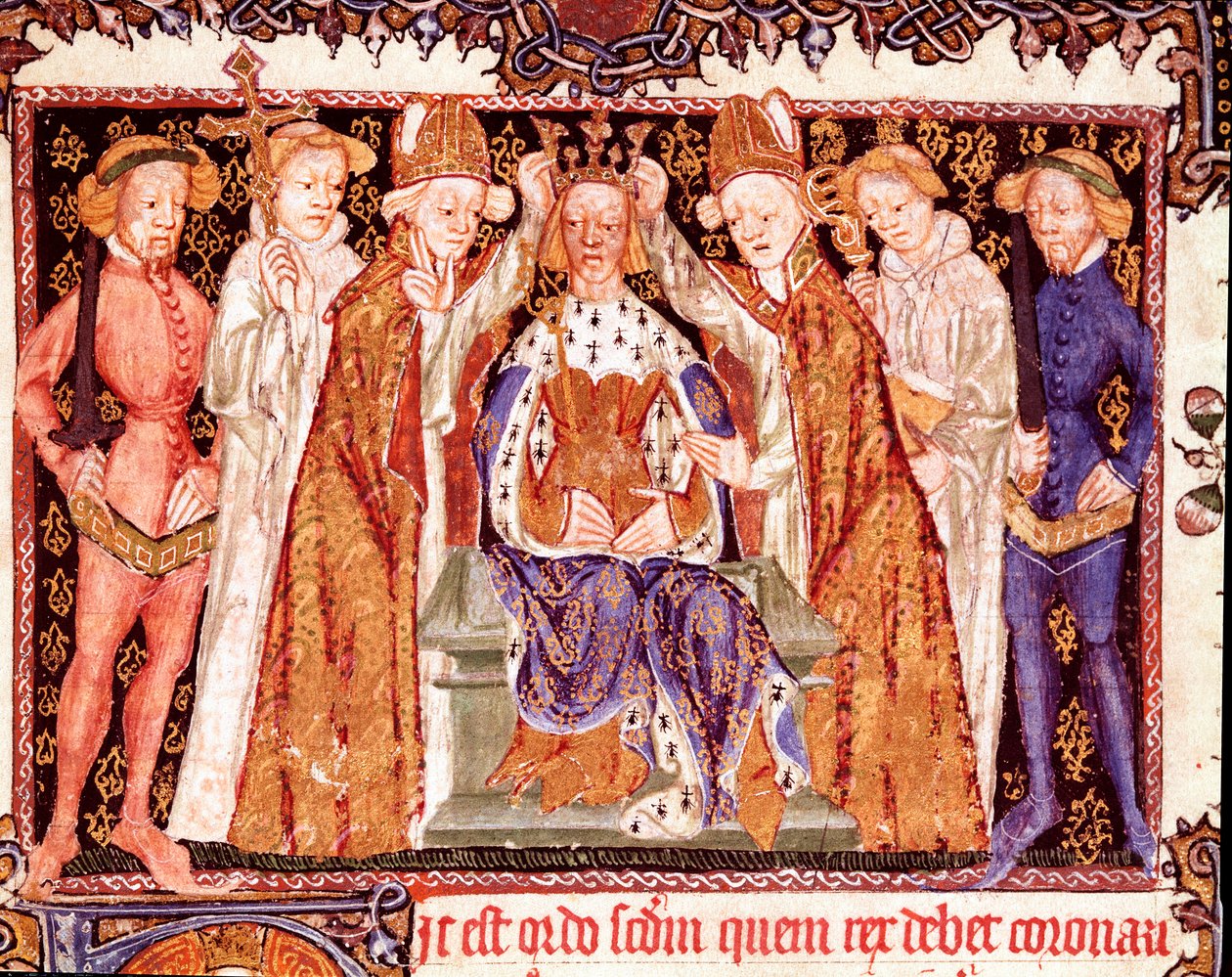 La coronación de un rey. Probablemente el Rey Ricardo II de Inglaterra (1367-1400). Miniatura del manuscrito sobre ritos de coronación 