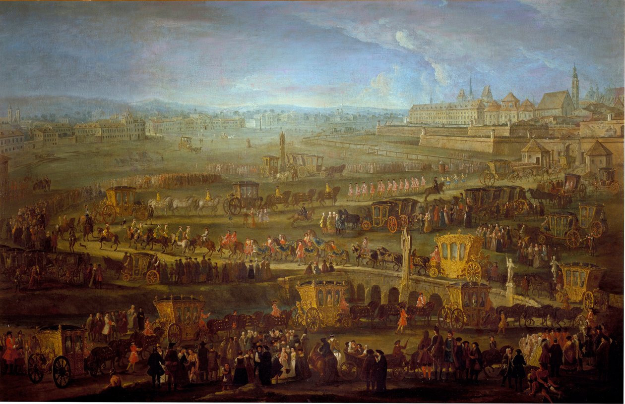 El cortejo del Marqués de Mirepoix (1699-1757) embajador con los representantes diplomáticos franceses en Viena 12/10/1738 de Unknown artist
