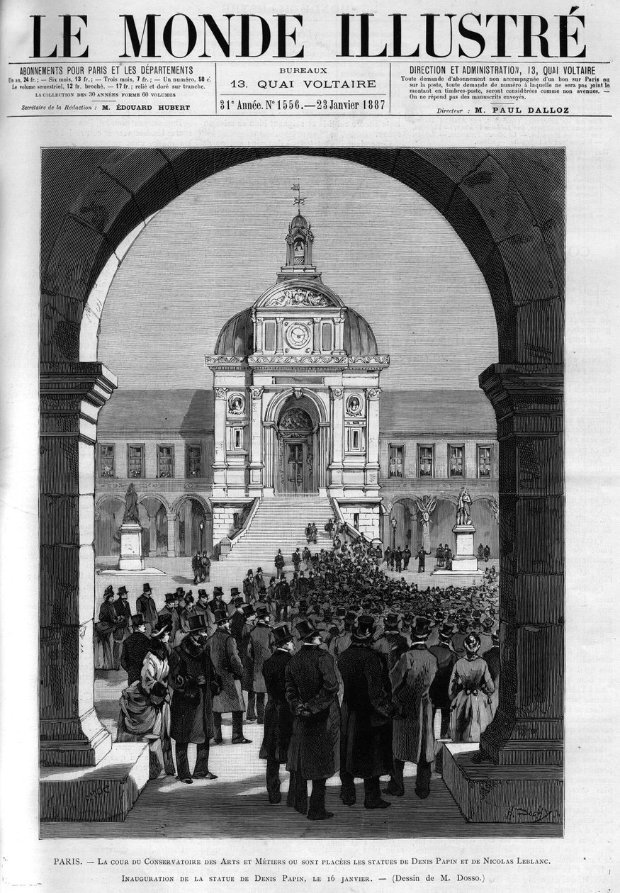 El patio del conservatorio de artes y oficios donde están las estatuas de Denis Papin (1647-1714), físico, matemático e inventor y Nicolas Leblanc (1742-1806), químico francés. Inauguración de la estatua de Denis Papin el 16 de enero de Unknown artist