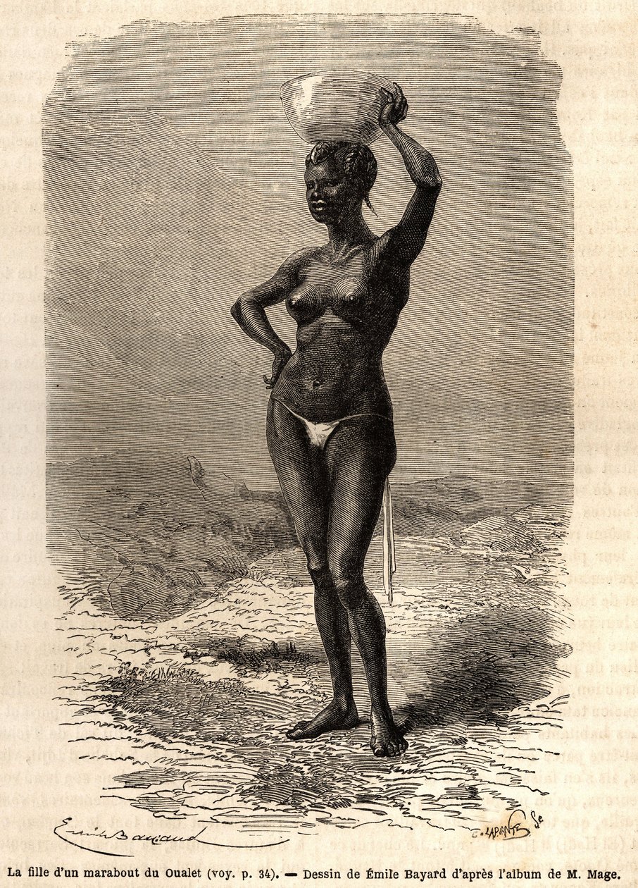 La hija de un marabú de Oualet (Mauritania), llevando una jatte en la cabeza para hacer jabón negro. Grabado para ilustrar el viaje al Sudán Occidental del Teniente (Marina) M. Mage, en 1863-1866, publicado en "Le tour du monde, nouveau journal des voyages de Unknown artist