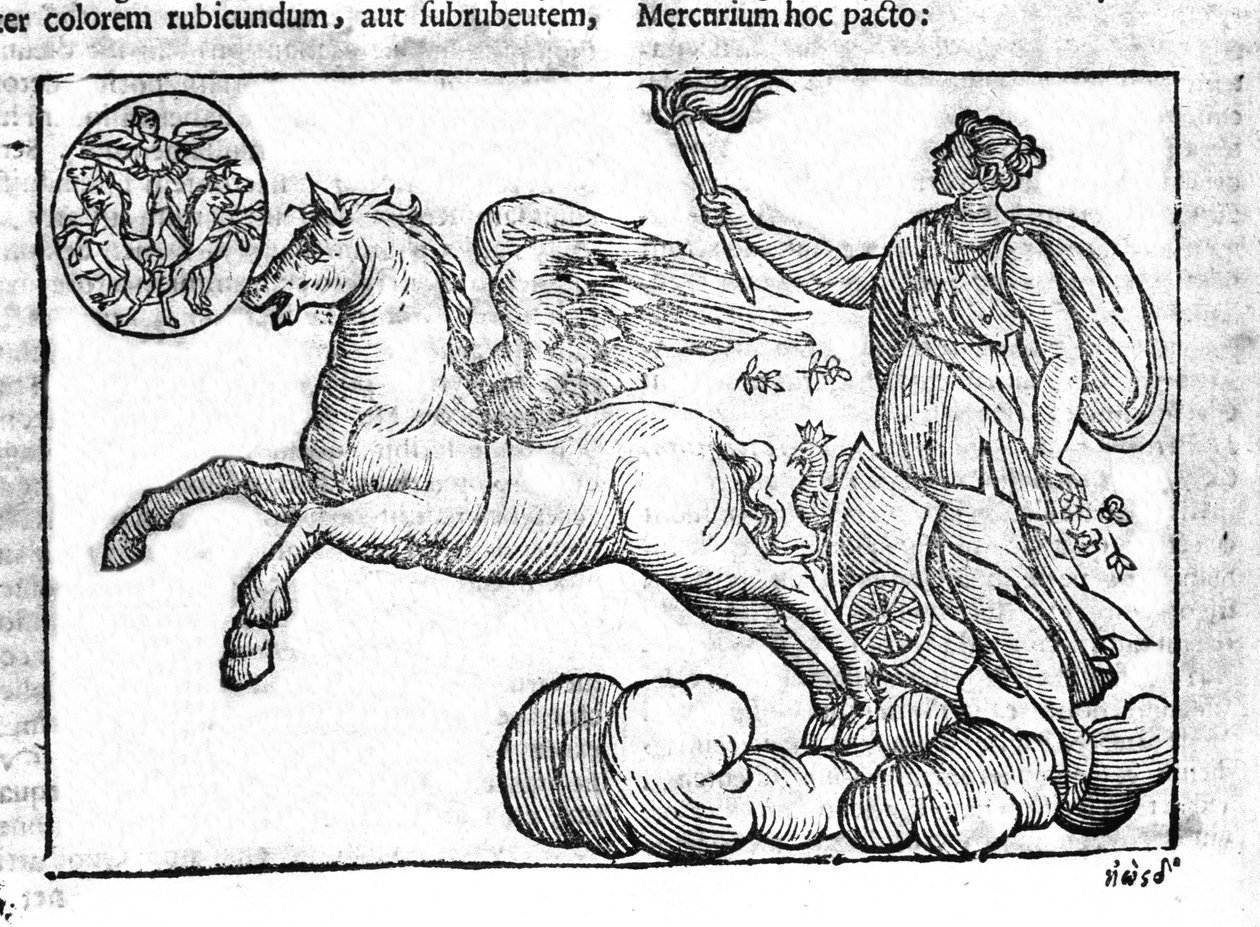 El amanecer (el carro del sol). Alegoría del amanecer con personajes de la mitología griega y romana en el cielo. Grabado de “Mythologiae sive explicationes fabularum” de Natalis Comitis. 1637 de Unknown artist