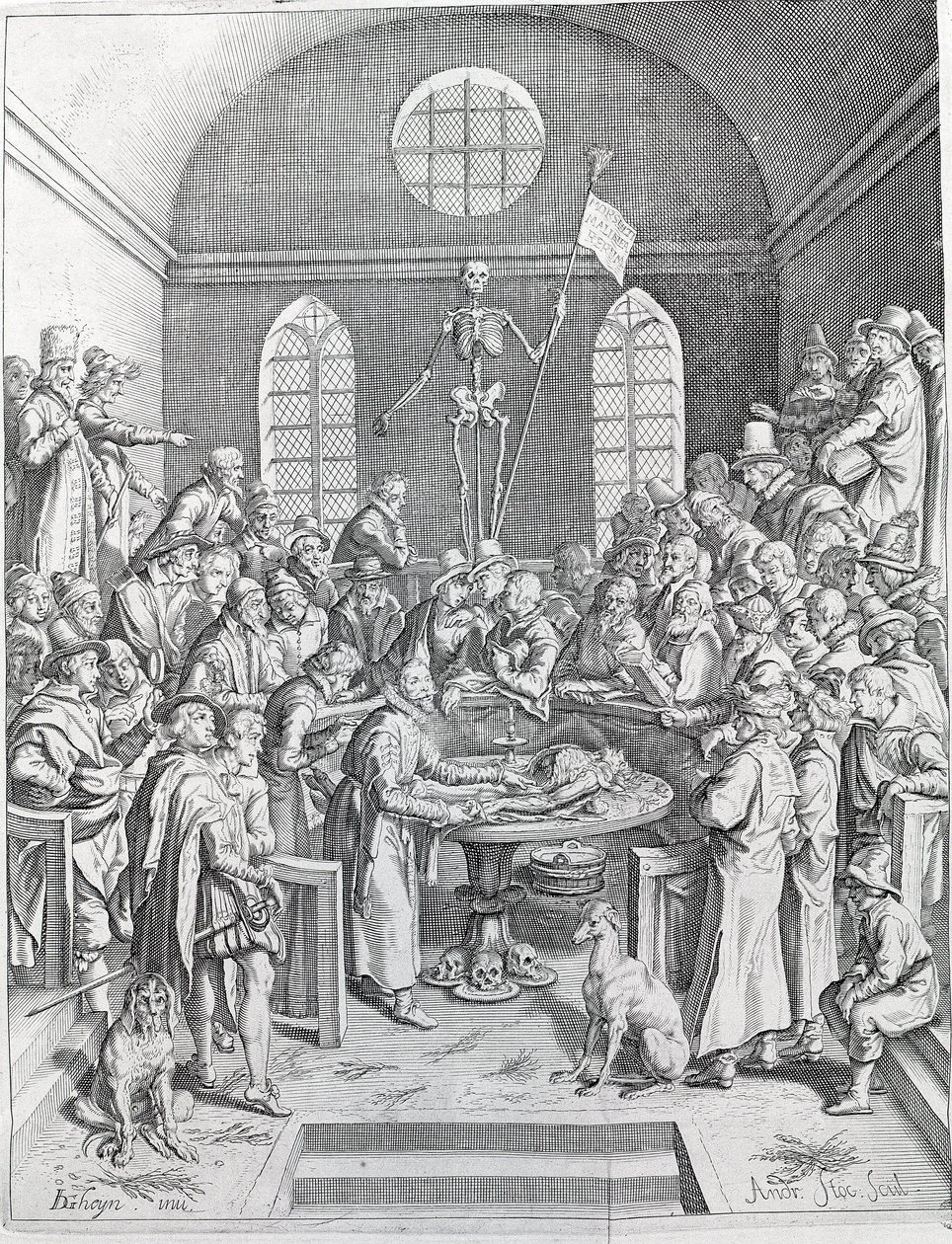 El grupo de disección de médicos y científicos reunidos para seguir una disección en un anfiteatro. Grabado de 1788 de Unknown artist
