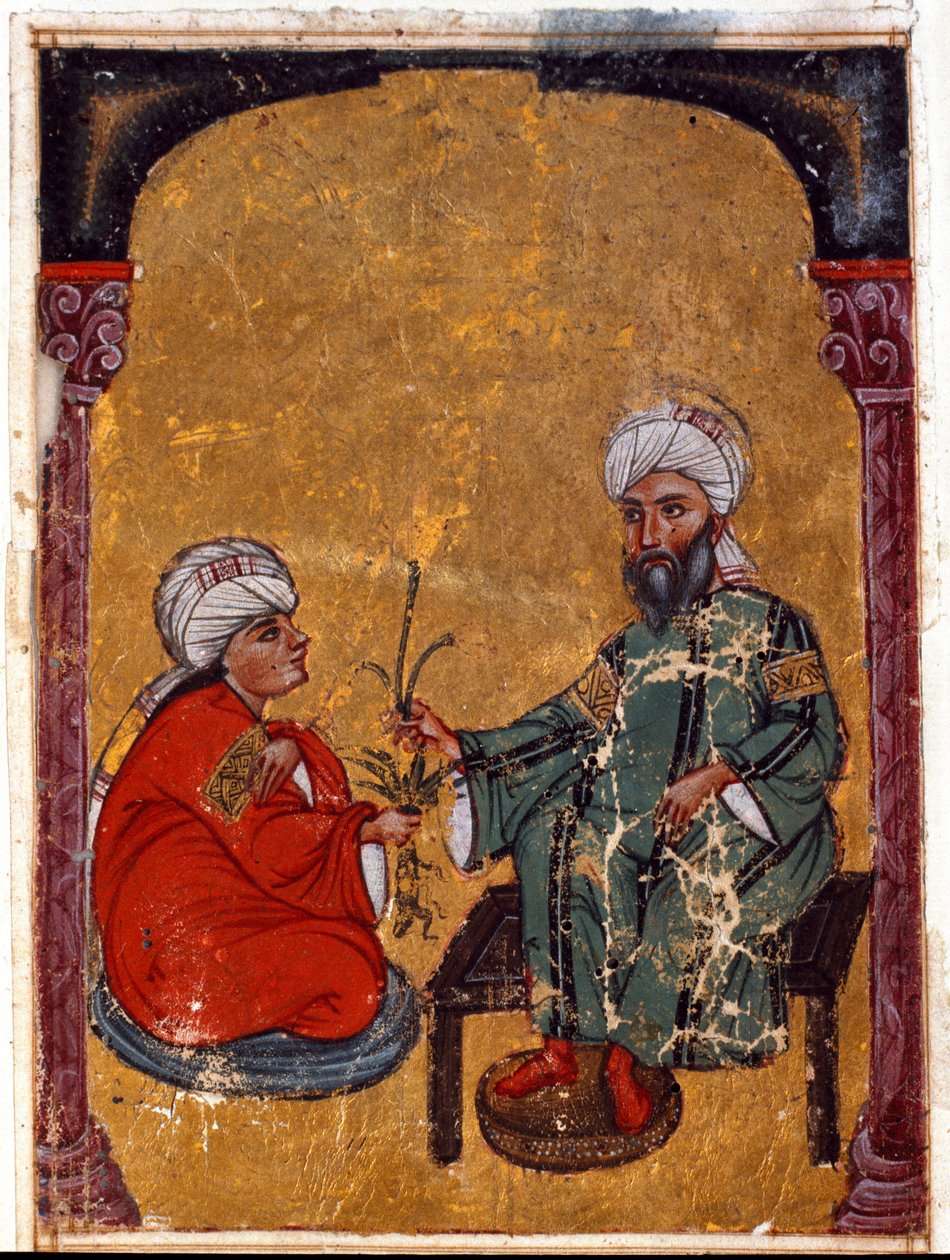 El médico y botánico Pedanius Dioscorides (40-90 d.C.) explicando a uno de sus estudiantes las virtudes de las plantas. Miniatura derivada de su tratado “De materia medica” (Fol. 2 verso). De Irak. 1229. Biblioteca del Museo Topkapi Sarayi, Estambul de Unknown artist