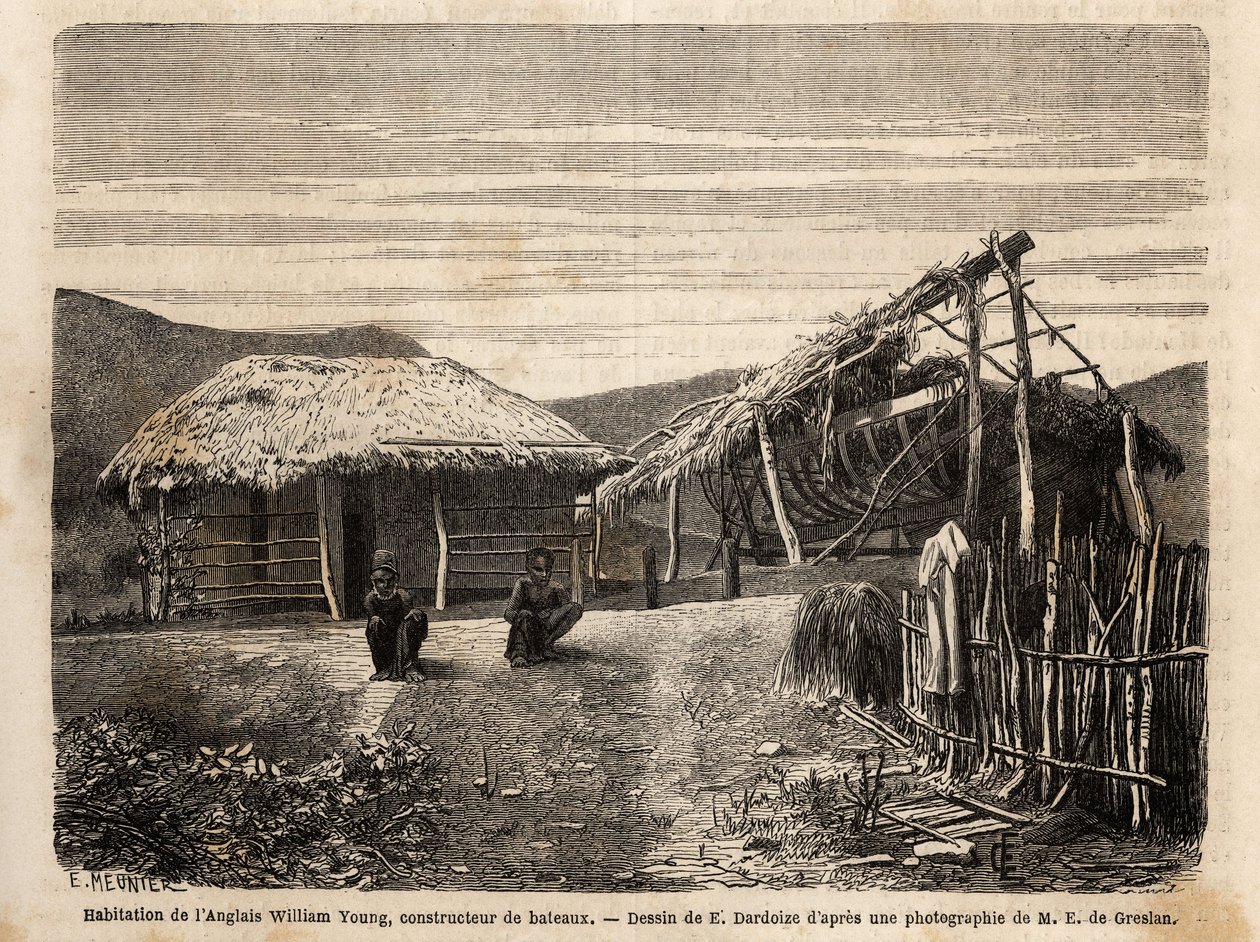 La vivienda y el astillero de un constructor inglés cerca de Noumea, que utiliza mano de obra indígena o los condena hasta el final de su tiempo de trabajo duro. Grabado para ilustrar el viaje a Nueva Caledonia, por Jules Garnier, ingeniero civil de minas, de Unknown artist