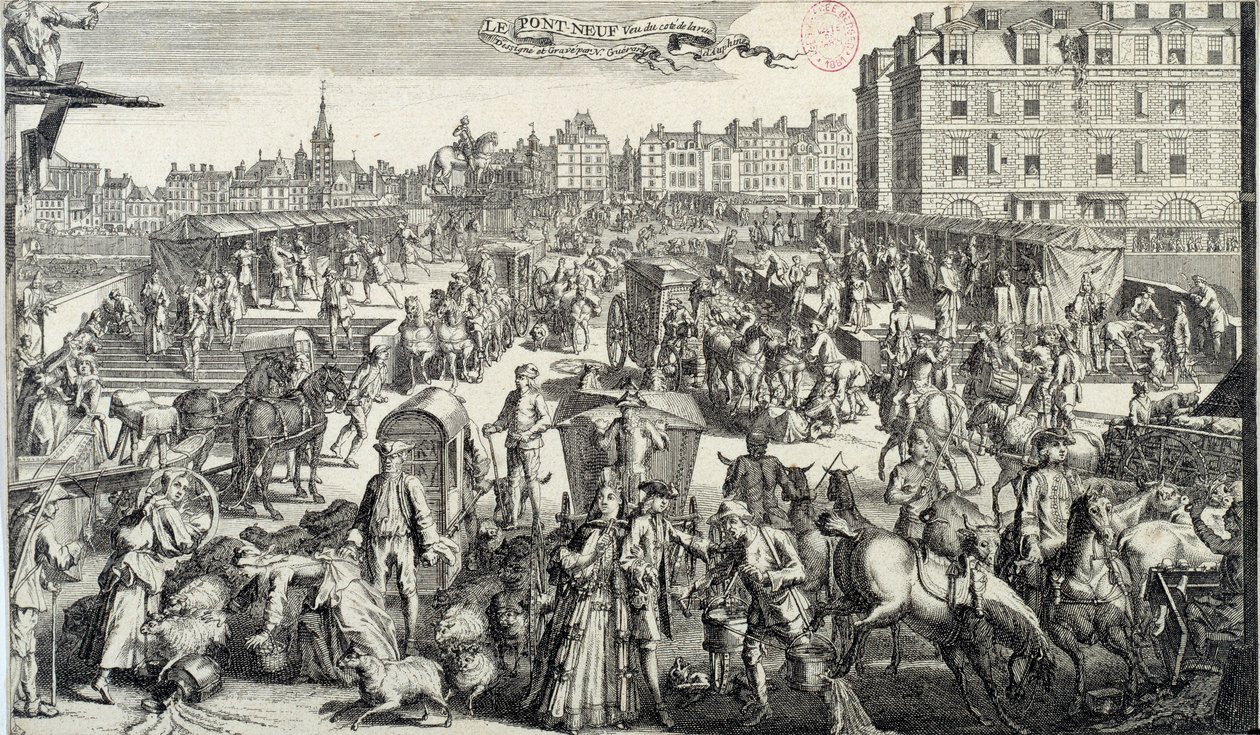 El embotellamiento del Pont Neuf en París. Ilustración del tráfico y los atascos en las calles de París en el siglo XVIII. Grabado de 1710 de Unknown artist